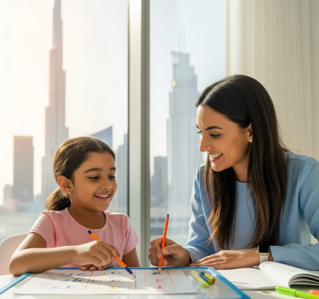 A dedicated female private tutor smiling and providing one-on-one academic support to a happy young student in a bright, modern Dubai home, with the city skyline visible through the window.