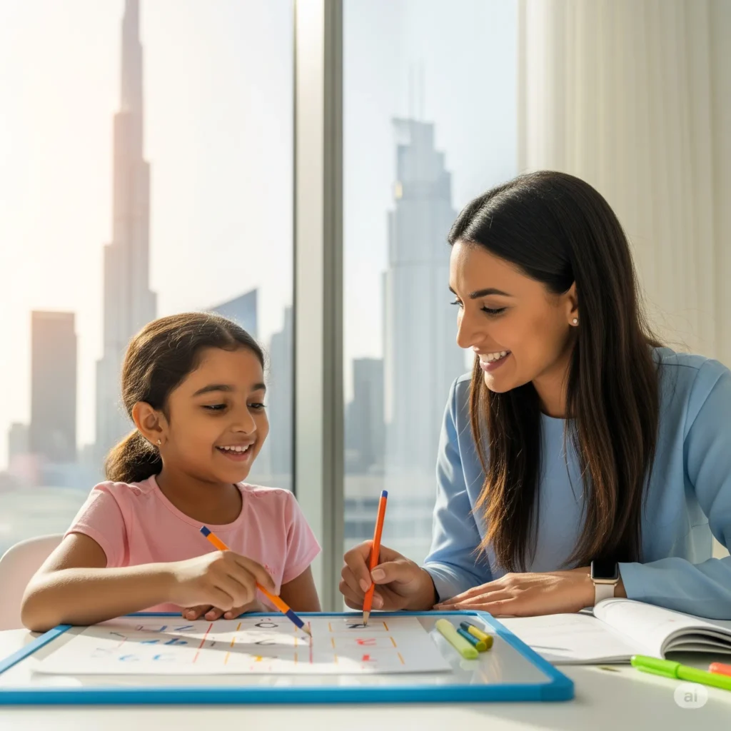 A dedicated female private tutor smiling and providing one-on-one academic support to a happy young student in a bright, modern Dubai home, with the city skyline visible through the window.