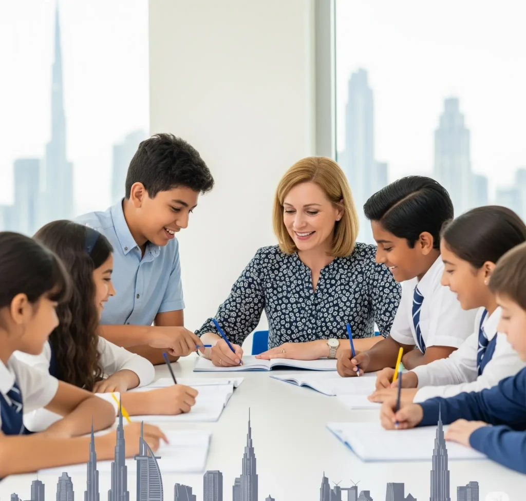 Expert female tutor provides personalized maths tuition to a diverse group of students in Dubai, with the city skyline in the background.