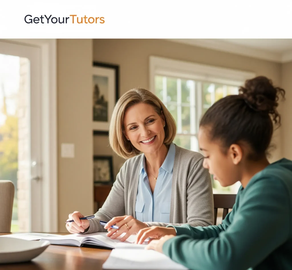 Smiling female tutor from GetYourTutors provides personalized assignment help in Dubai to a female student at home. Ideal for online assignment assistance and private tutoring in Dubai.