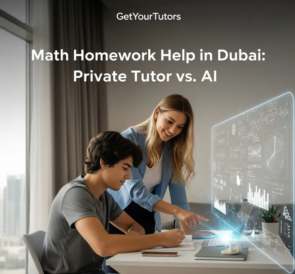 Female tutor from GetYourTutors provides math homework help in Dubai to a student, contrasting personalized private tutoring with abstract AI data.