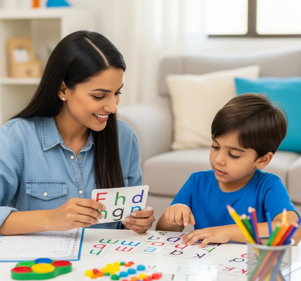 A smiling female phonics tutor in Dubai helps a young student learn reading with colorful letter flashcards and educational toys in a bright home setting