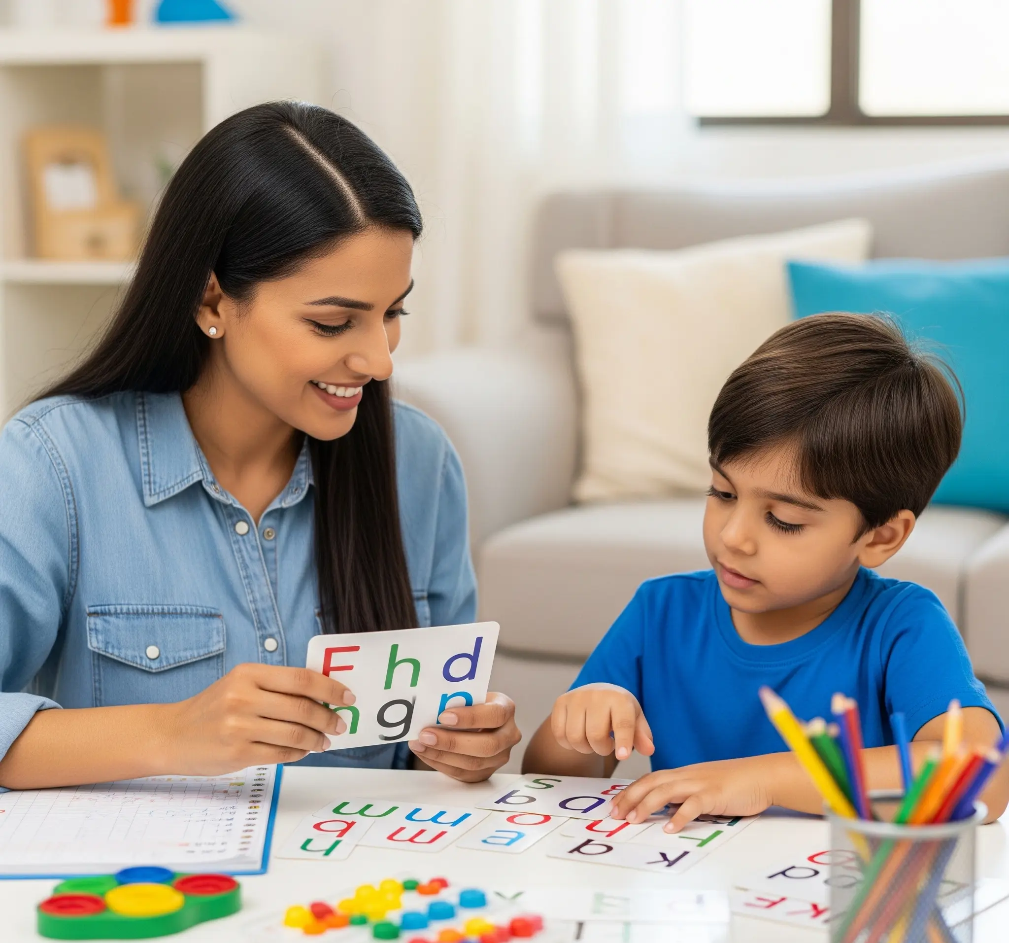 A smiling female phonics tutor in Dubai helps a young student learn reading with colorful letter flashcards and educational toys in a bright home setting