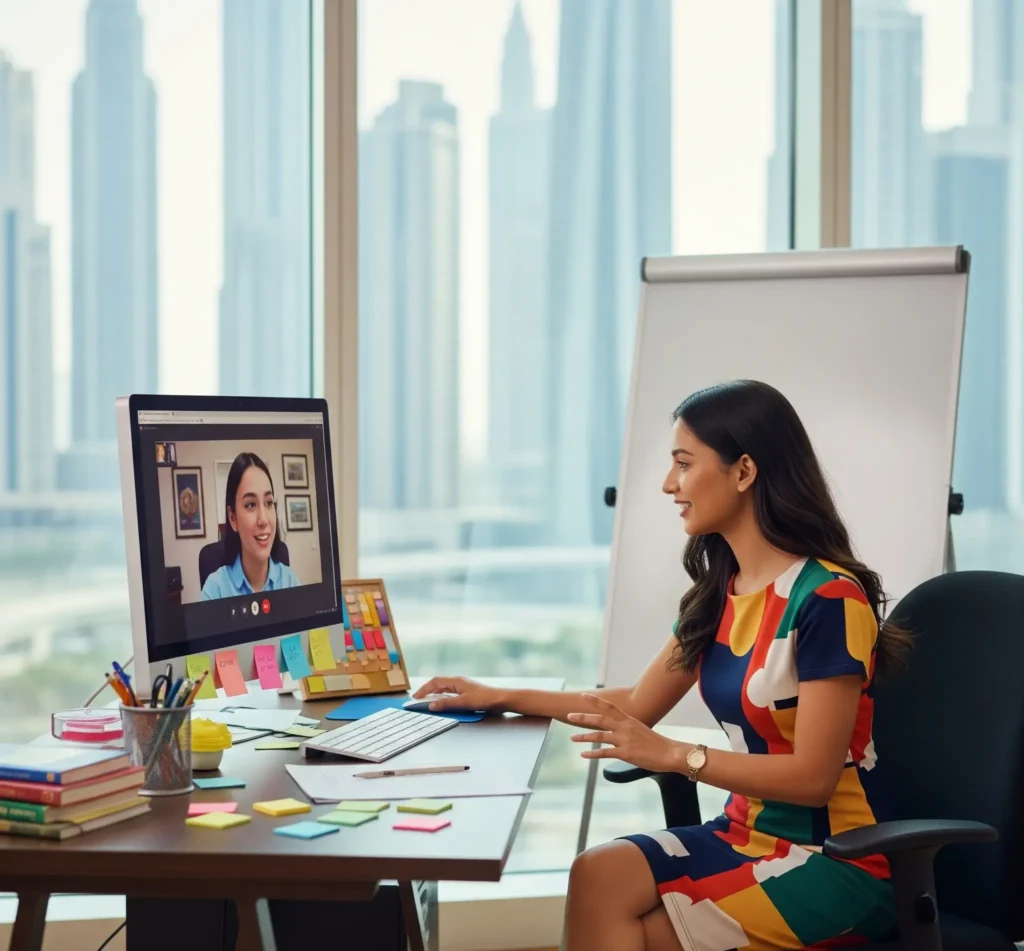 A female online tutor in a colorful dress smiles while teaching a student on a video call, with a Dubai cityscape visible outside her window.