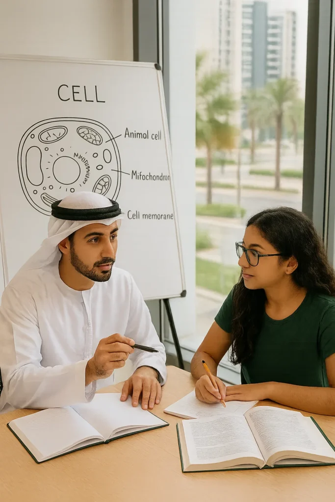 Professional A Level Biology tutor explaining cellular processes to student in modern Dubai classroom