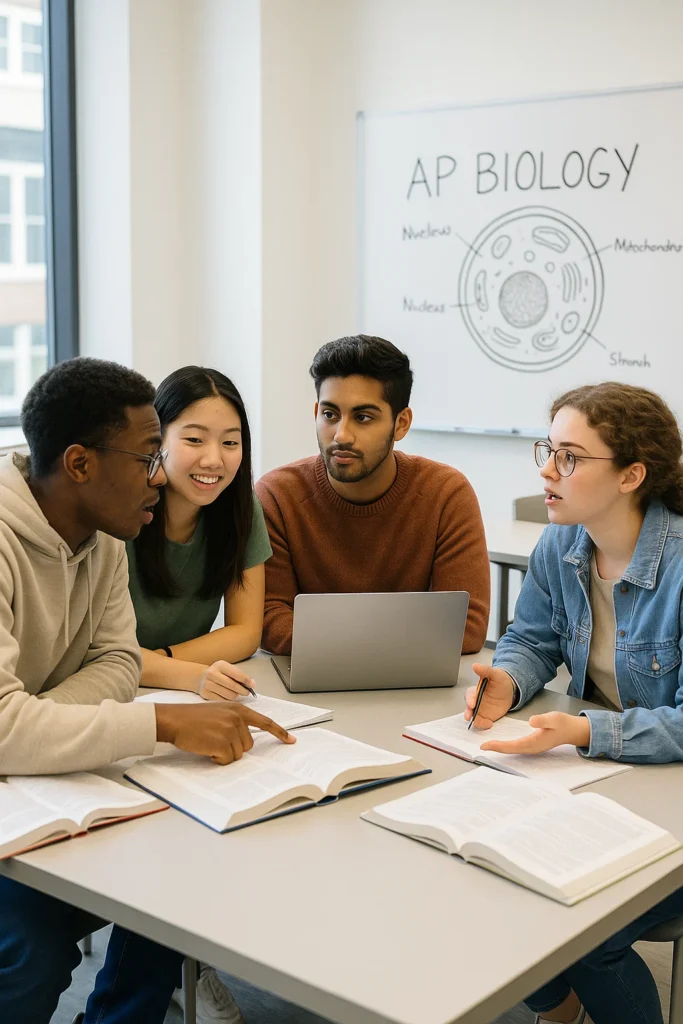 A small group of engaged students in Dubai discussing a complex AP Biology unit, such as evolution or genetics, in a collaborative setting, showcasing peer interaction and shared learning experiences.