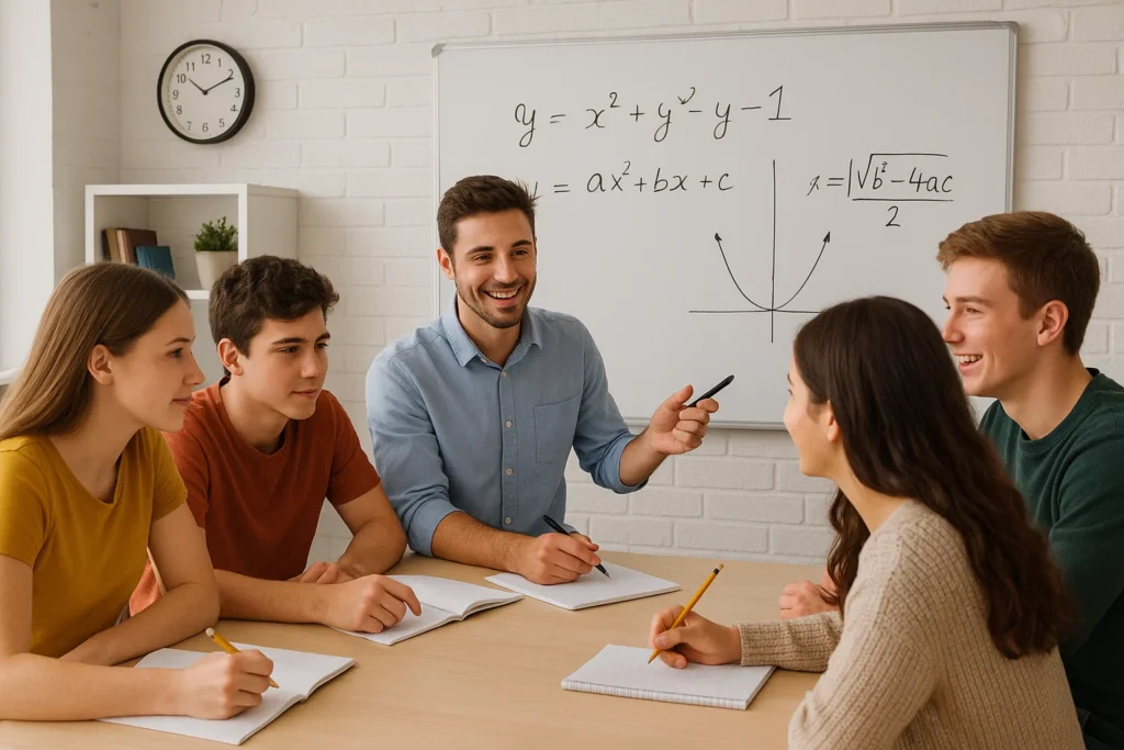 A small group of diverse students in Dubai actively participating in a math learning center session, working together with an attentive educator