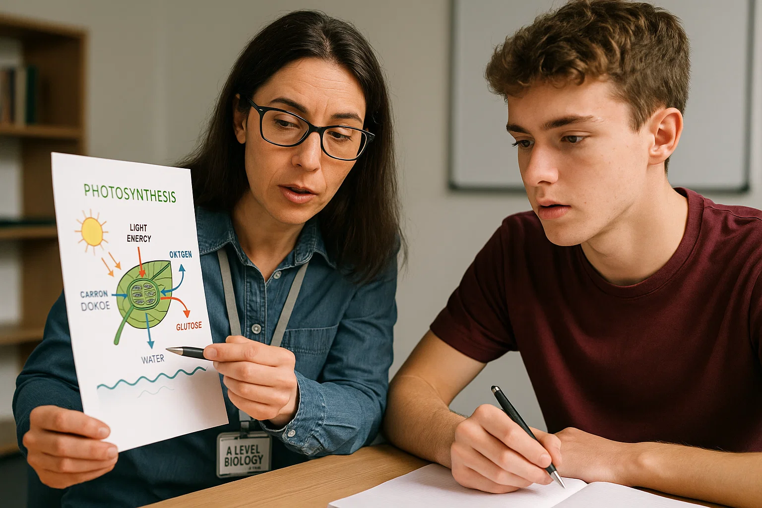 A dedicated A Level Biology tutor in Dubai meticulously explains a complex biological pathway or concept to a high school student, fostering clarity and in-depth comprehension.