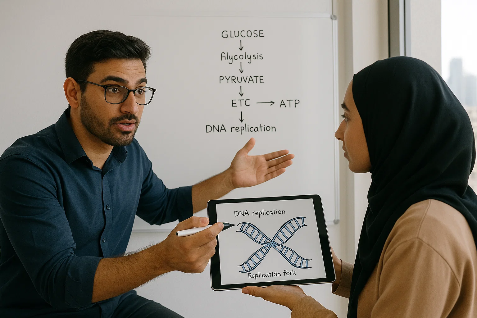 An experienced AP Biology tutor in Dubai clarifies intricate biological processes on a whiteboard for a focused student