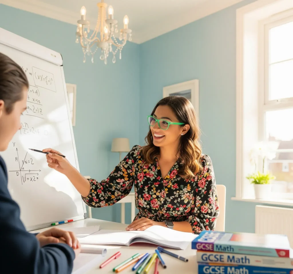 Personalized GCSE math tutoring session: a female tutor assists a student with equations in a well-lit and comfortable study environment, highlighting effective learning