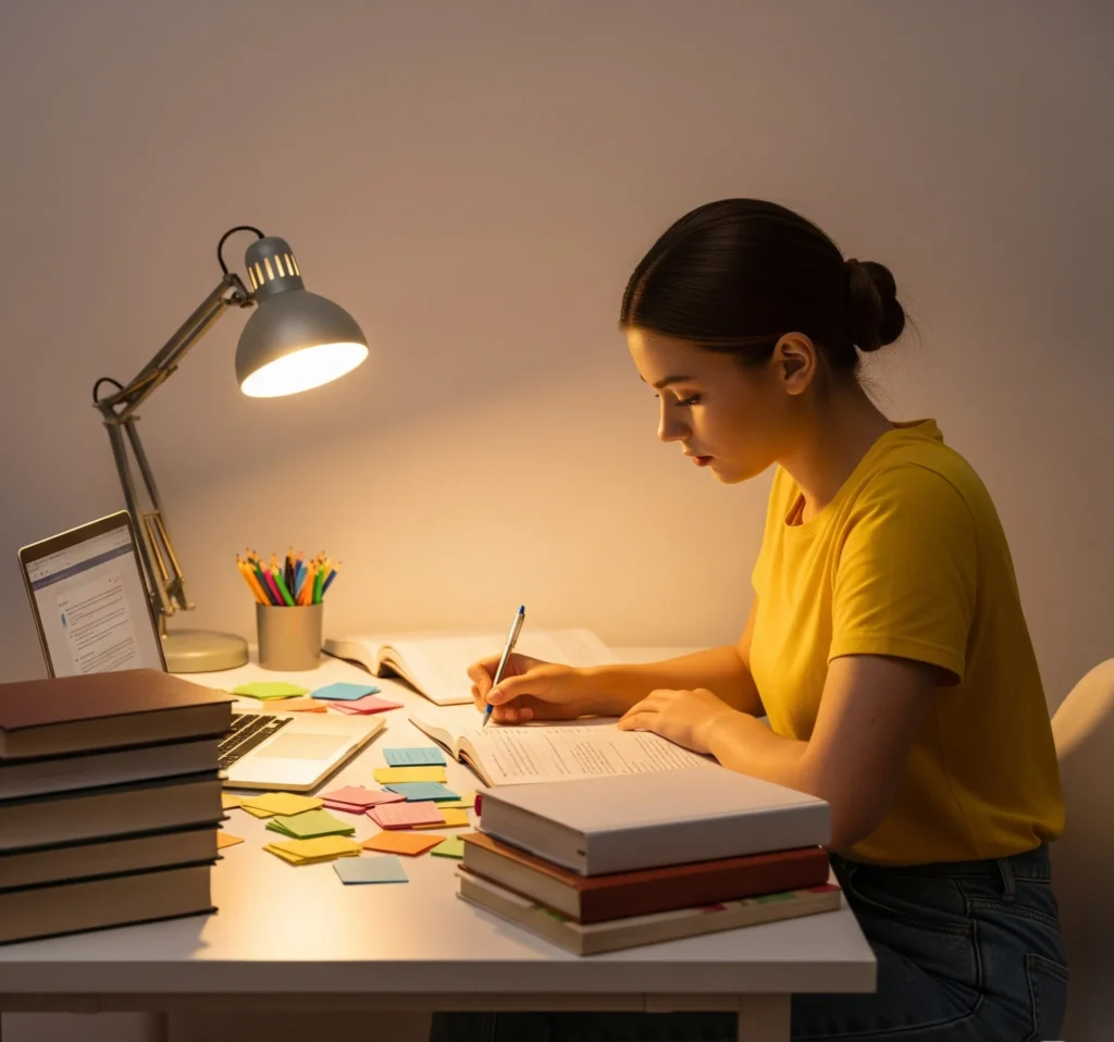 Student studying late for exams preparation, surrounded by books, laptop, and notes under a desk lamp