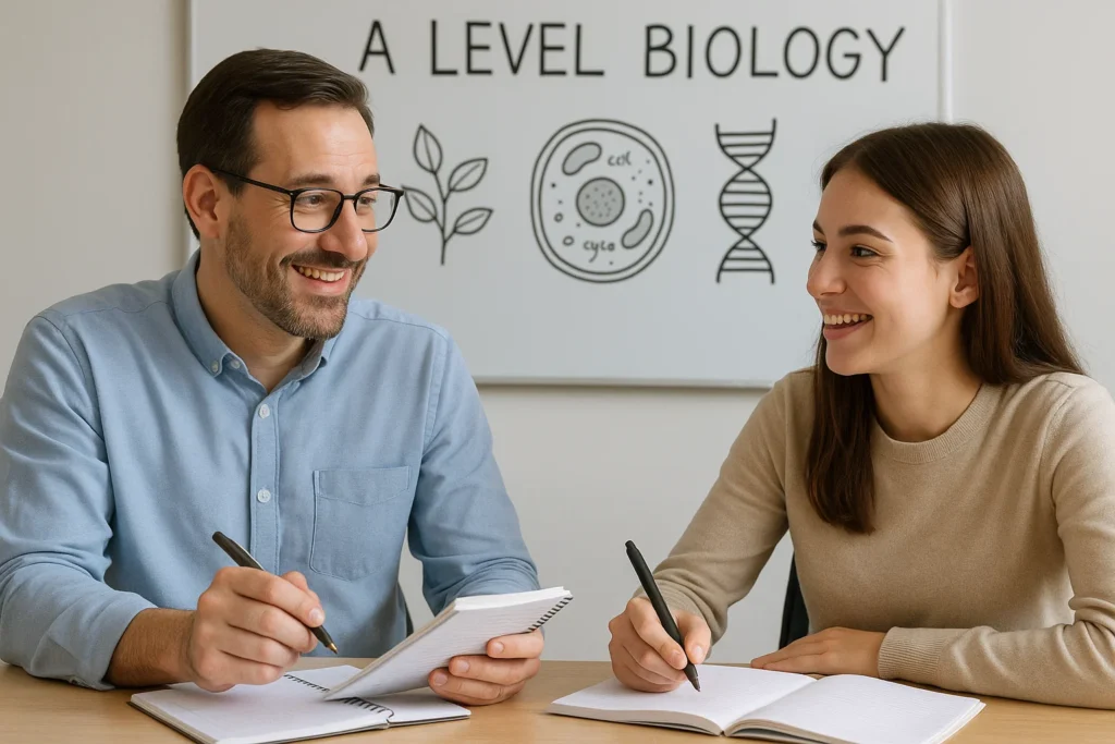 A friendly and expert A Level Biology tutor in Dubai smiling and interacting positively with a student, illustrating a supportive and encouraging learning relationship