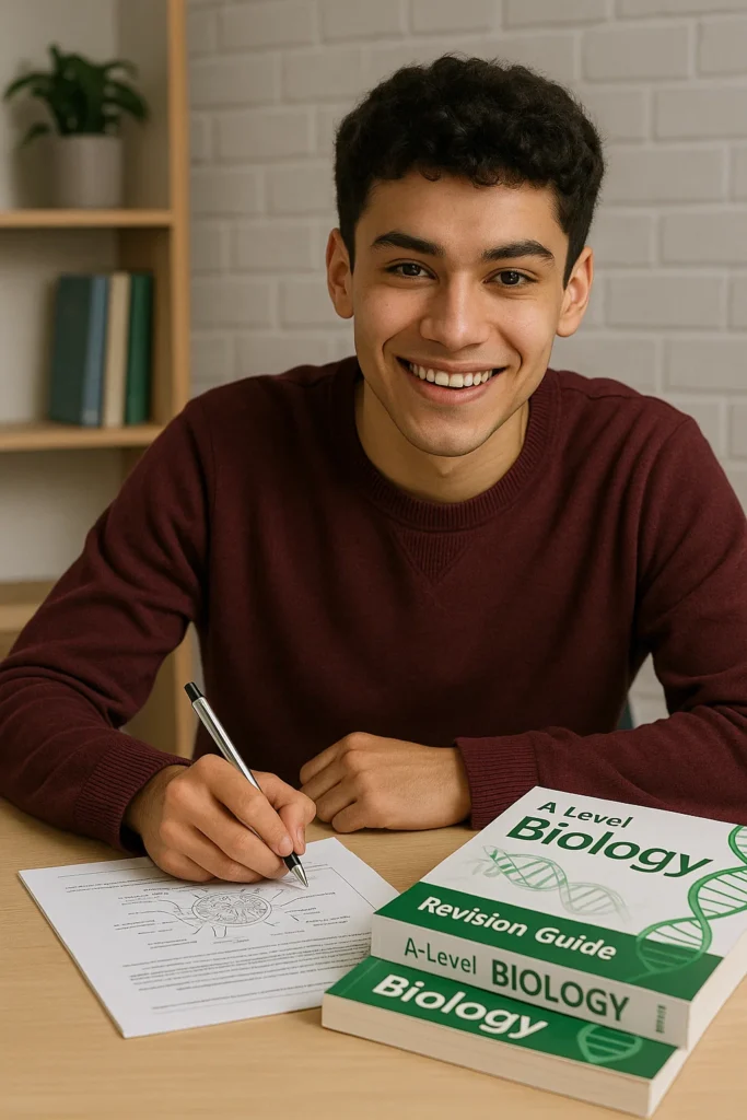 A diligent student in Dubai focused on their A Level Biology studies, surrounded by textbooks and notes,