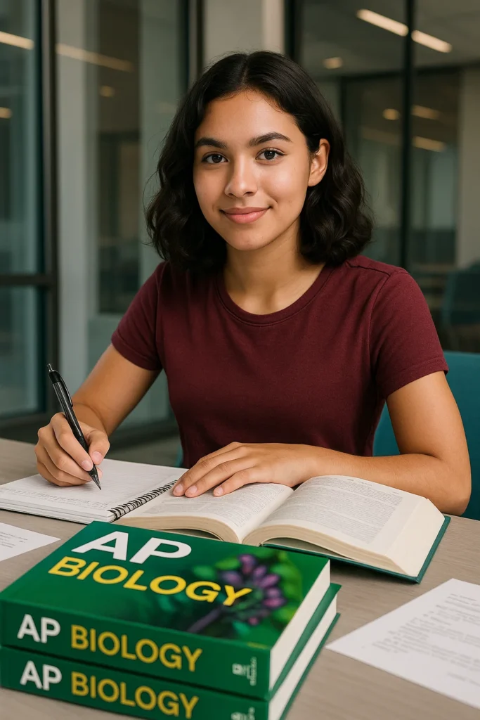 A determined AP Biology student in Dubai reviews their study materials, surrounded by textbooks, reflecting the confidence gained