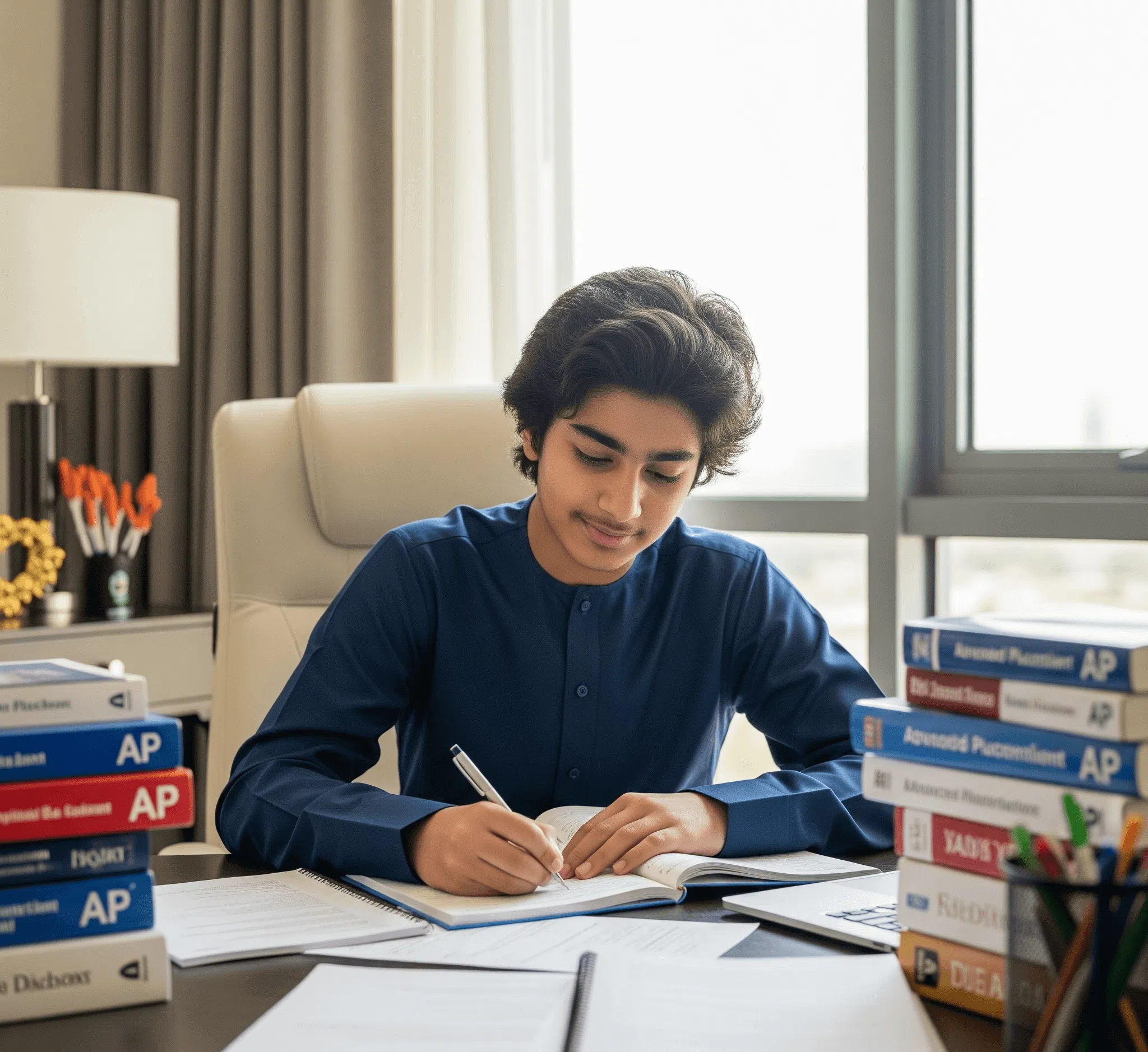 A focused student in Dubai deeply engaged in AP revision at their home study space.