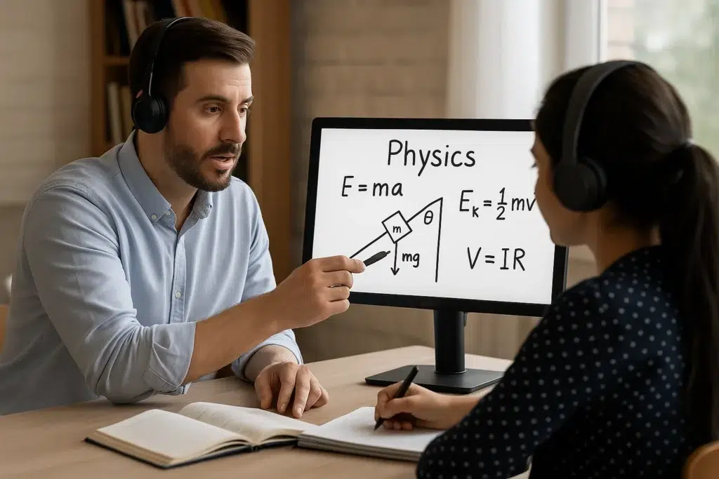 An AP Physics tutor in Dubai is conducting an engaging online tutoring session with a student, using a virtual whiteboard
