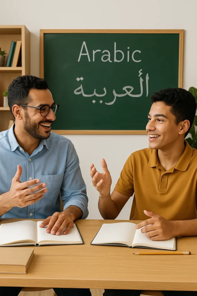 An engaging one-on-one conversation between an Arabic tutor and a student in Dubai