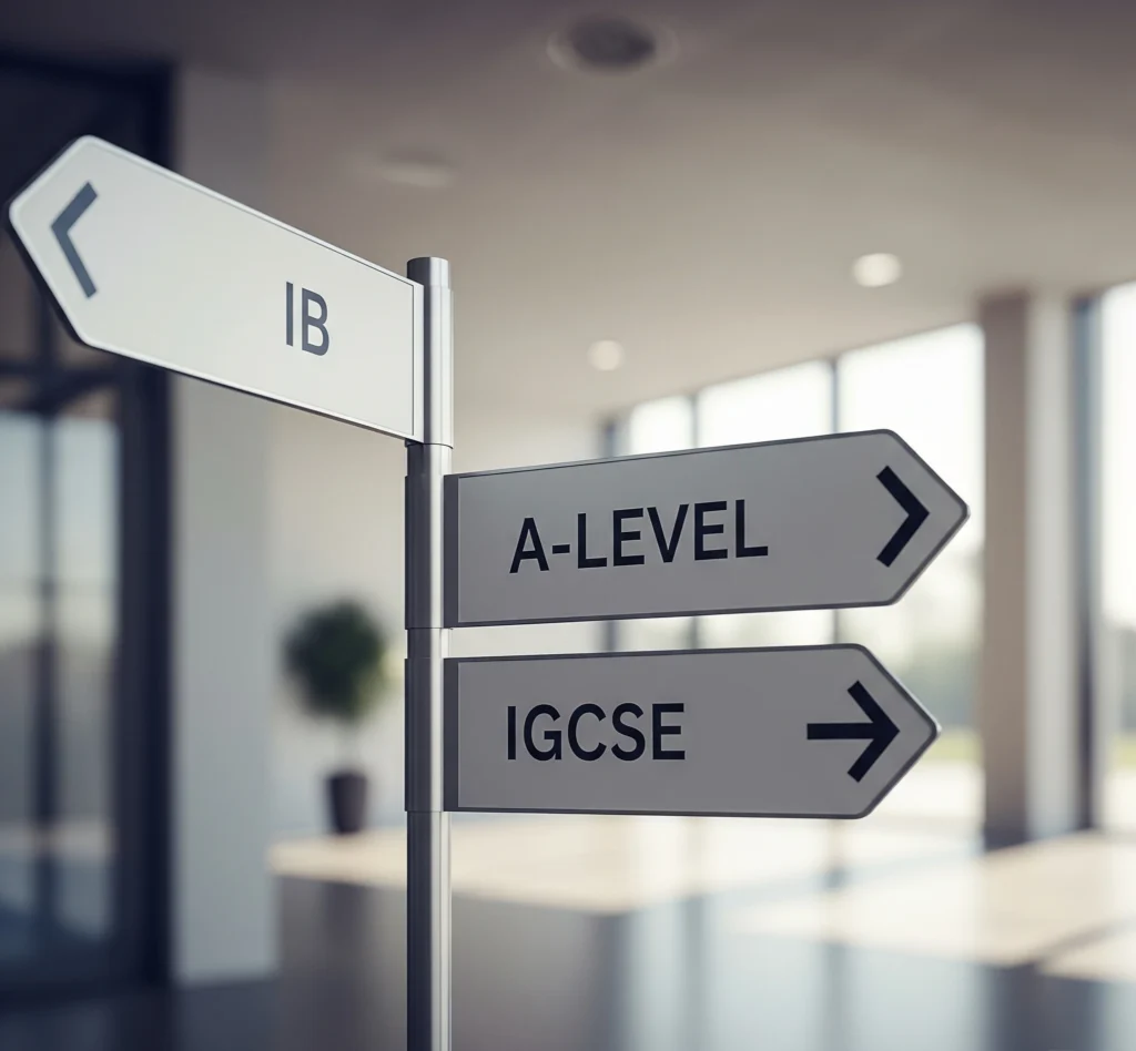 A clean, modern signpost with three arrows pointing in different directions, labeled "IB," "A-Level," and "IGCSE." The professional setting suggests a parent's journey through educational decision-making.