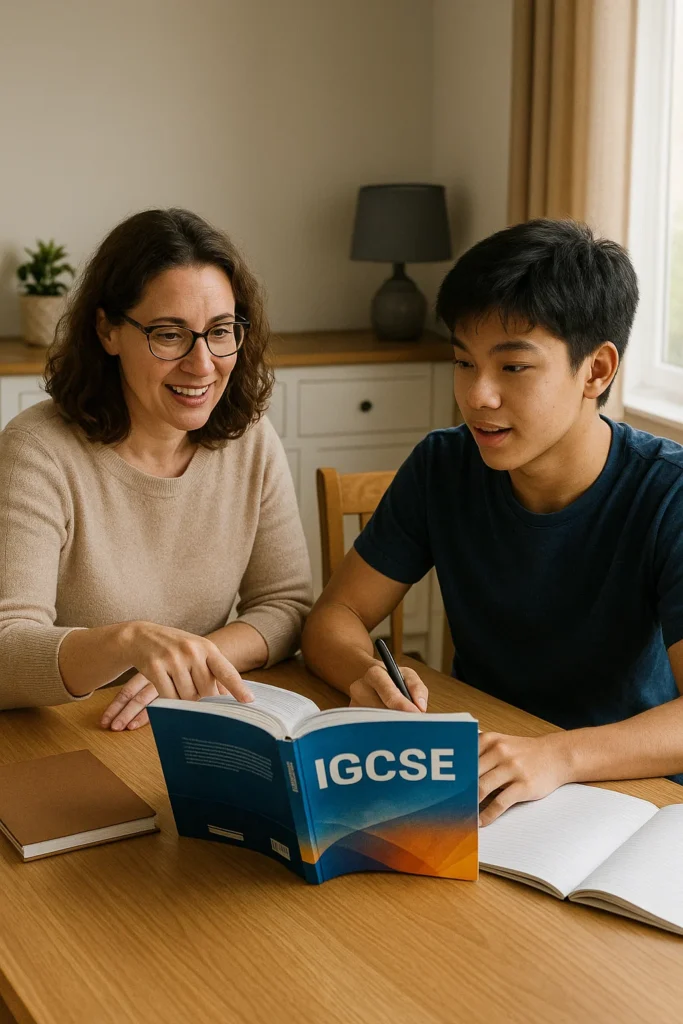 An expert private IGCSE English tutor in Dubai giving personalized, in-person home tuition to a focused student, discussing key literary texts for exam preparation.