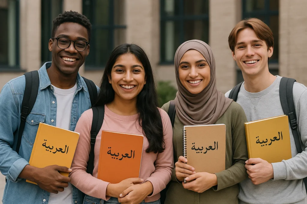 A group of happy students from various cultural backgrounds showcase their enthusiasm for learning Arabic, highlighting the appeal of Arabic for non-native speakers in a diverse city like Dubai.