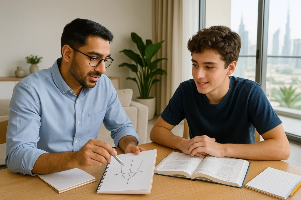 An expert IGCSE Math tutor in Dubai providing private, one-on-one home tuition to a student, focusing on the Cambridge syllabus.