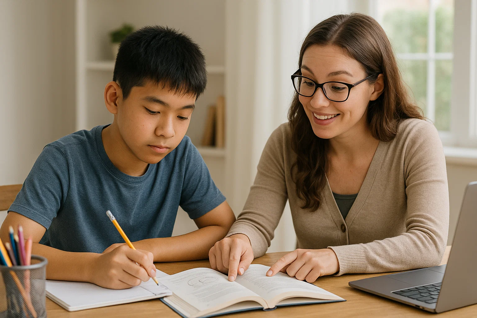 A private A Level Chemistry tutor in Dubai helping a student understand a complex chemical reaction diagram during an in-person home tuition session.