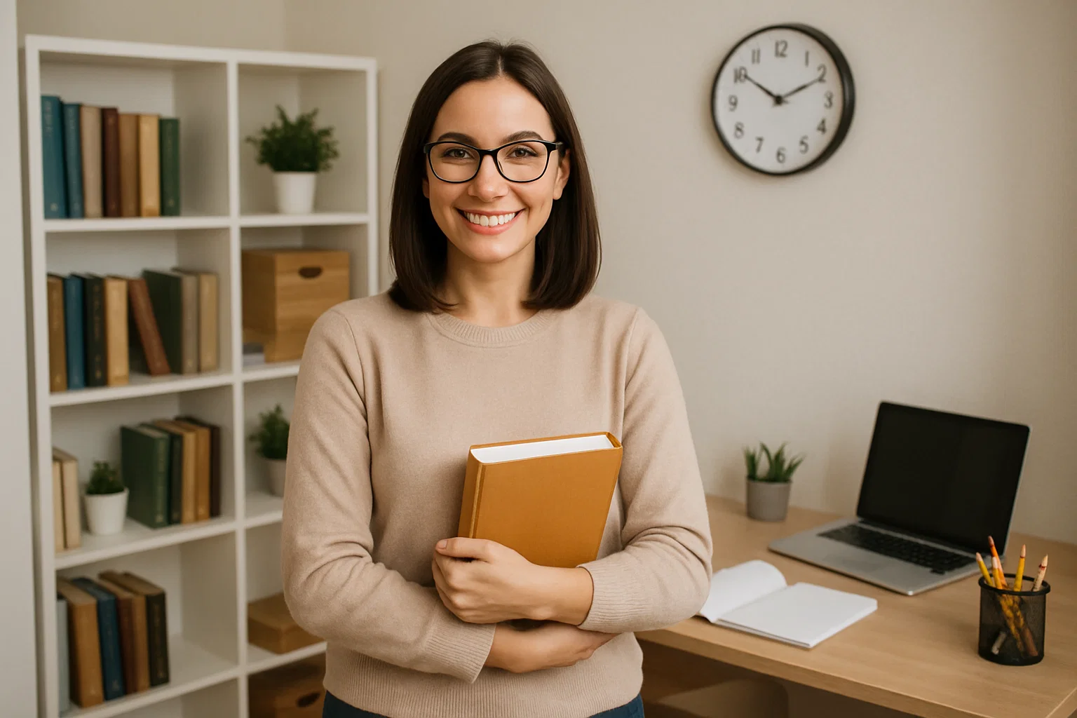 A professional IGCSE English tutor in Dubai with a confident, friendly demeanor, ready to start a one-on-one private home tutoring session.