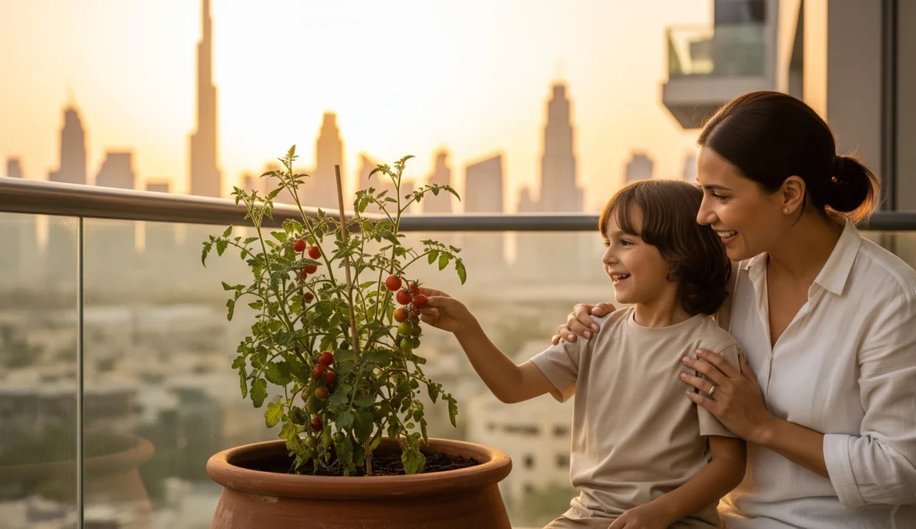 A mother and her son in Dubai look with pride at the ripe cherry tomatoes they have grown in a pot on their apartment balcony.