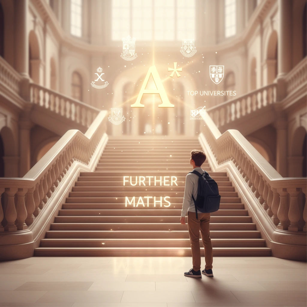 A conceptual image showing a student choosing between a standard path and a steeper 'Further Maths' path that leads to elite university crests like Oxford and Cambridge.