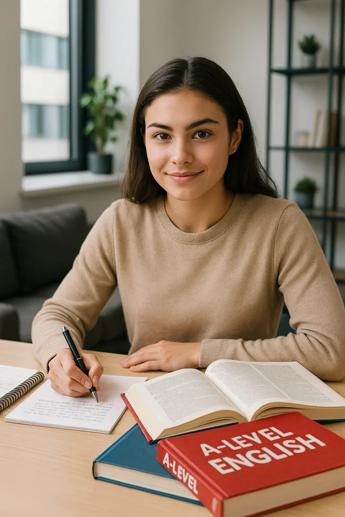 An A-Level student feeling confident and prepared, writing an essay as part of their A-Level English exam preparation at home in Dubai.