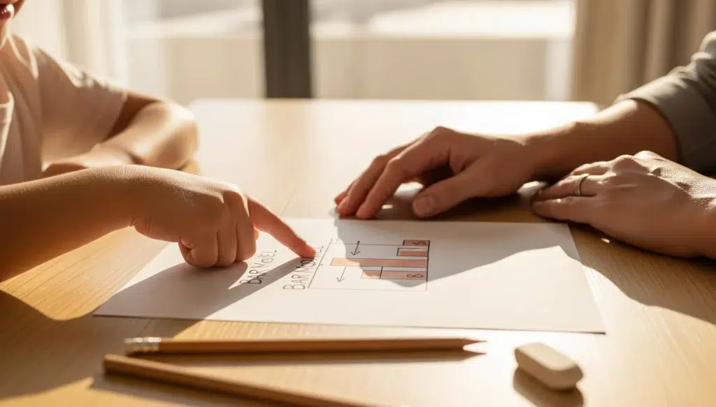 A close-up of a parent's and child's hands in Dubai working together on a Bar Model diagram, illustrating a supportive approach to solving maths word problems.