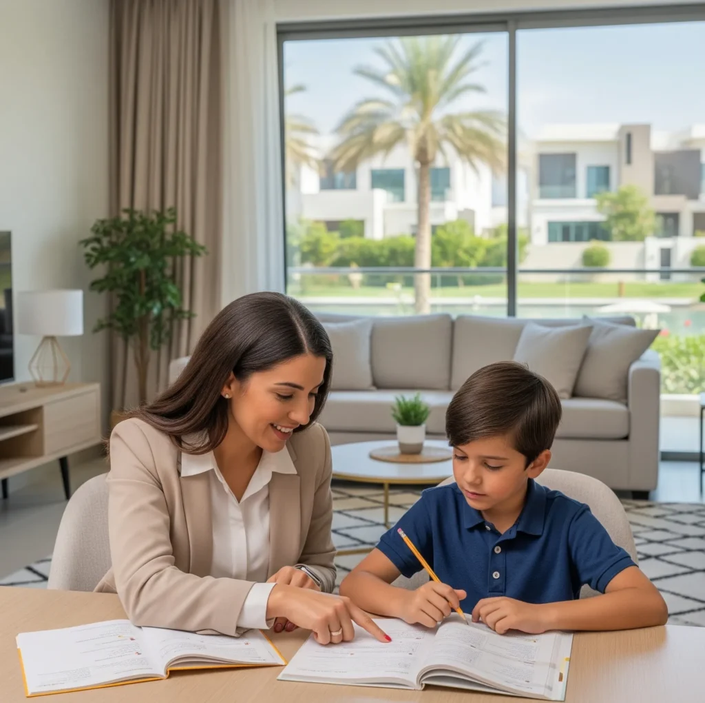 "A professional female home tutor from GetYourTutors provides a personalized 1-on-1 session to a young student in a safe and comfortable Dubai home, demonstrating the high-quality, trusted in-home tutoring service for superior academic results."