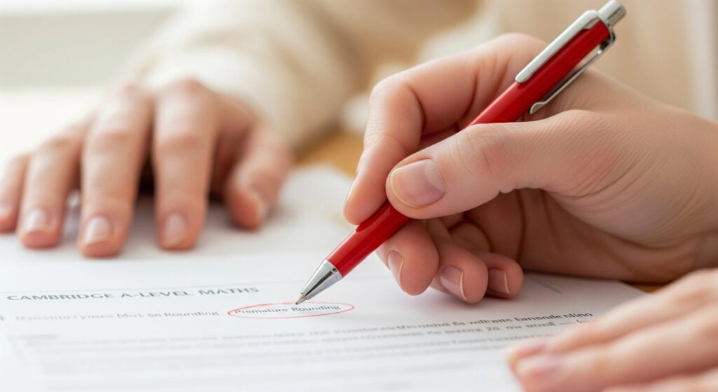 An examiner's hand using a red pen to point out a common mistake, such as 'premature rounding,' on a Cambridge A-Level Maths exam paper.
