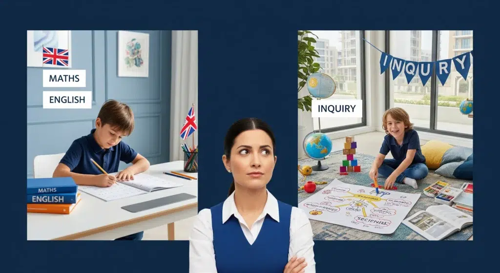 A parent in Dubai thoughtfully considers two options for her child's education: the structured British curriculum on the left, and the creative, inquiry-based IB PYP on the right.