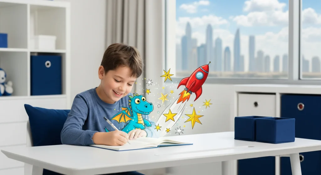 A young boy in Dubai joyfully writes a story in his notebook, with magical illustrations of a dragon and a rocket ship coming to life from the pages.