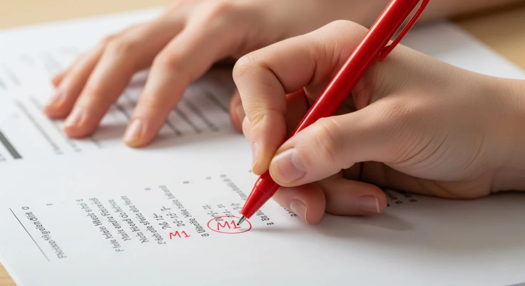 A close-up of an examiner's hand marking an Edexcel Maths exam paper, awarding a Method Mark (M1) to show how points are given for correct working.