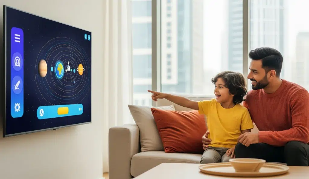 A father and son in Dubai joyfully learn about the solar system together using a large-screen educational science app in their living room.