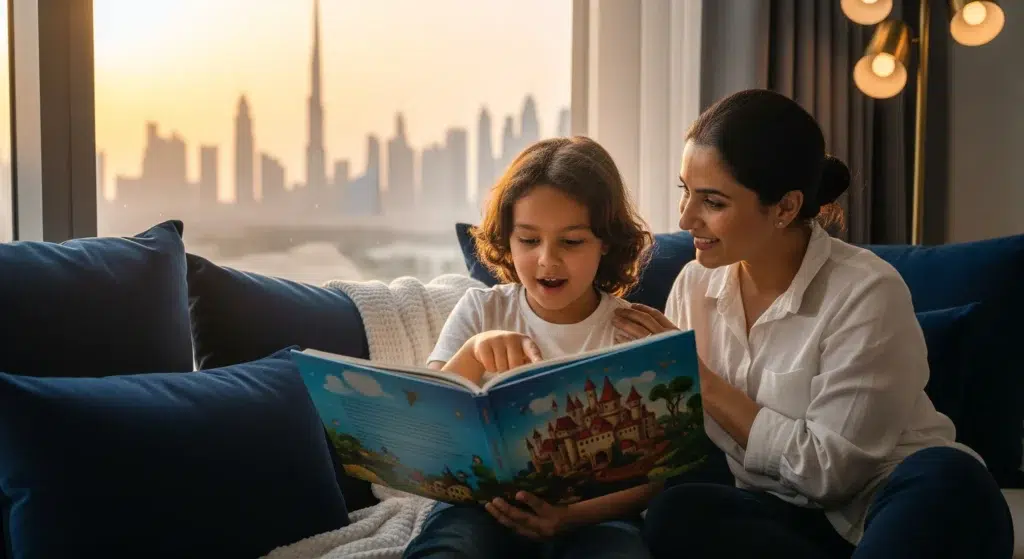 A mother and child in Dubai share a joyful moment reading a storybook together in a cozy nook, illustrating how to foster a love of reading.