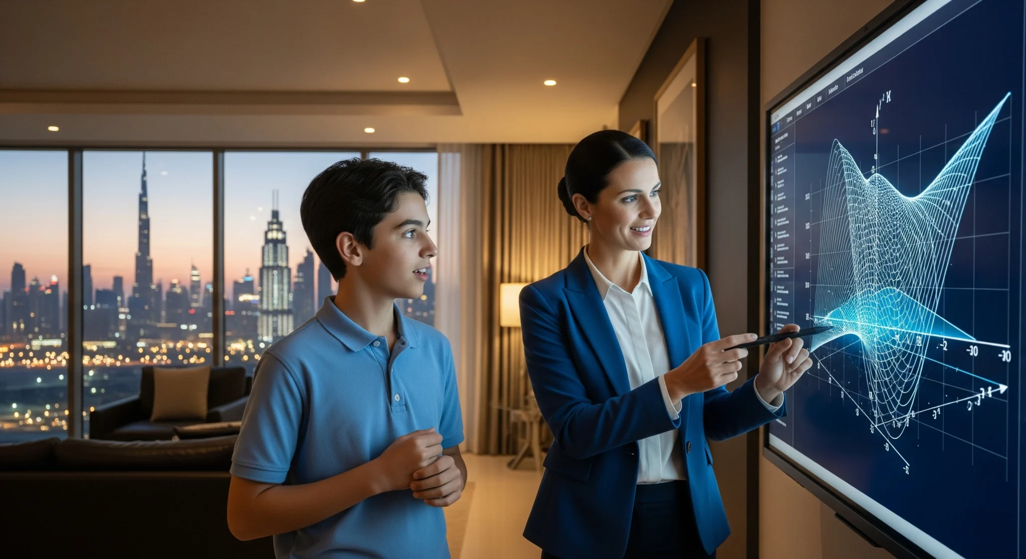 An expert female IB Math tutor in a modern Dubai home, explaining a complex calculus graph on a digital screen to a teenage student who is having a moment of understanding.