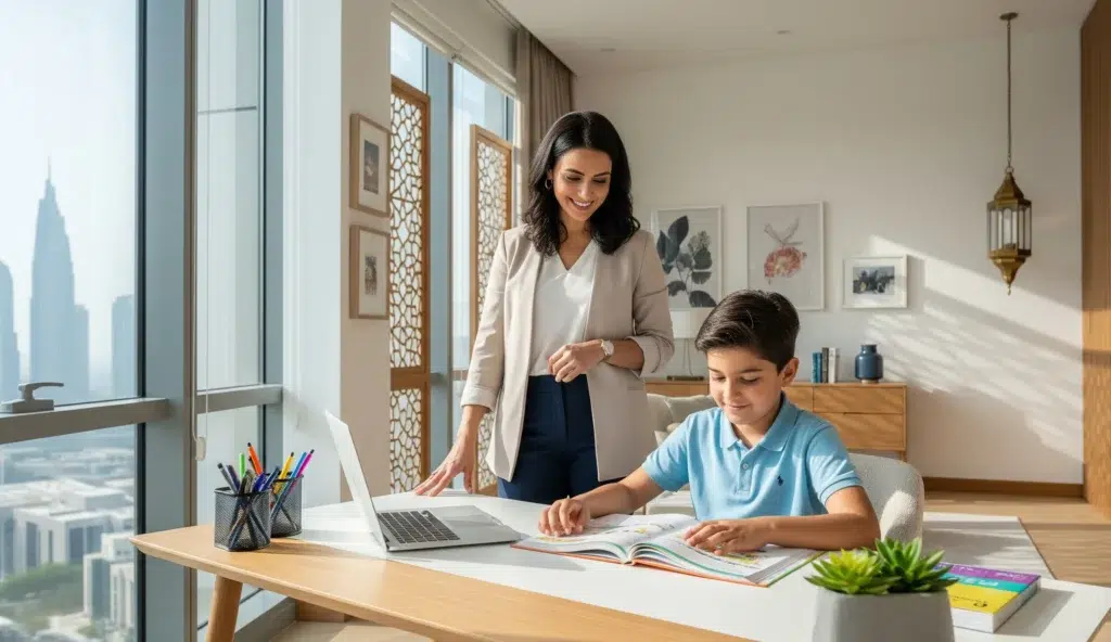 A child in a well-lit Dubai home is happily engaged in a study-related activity while a parent observes supportively in the background, illustrating how to foster good learning habits without nagging.