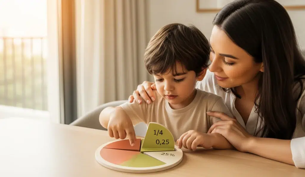 A mother and her son in Dubai learn about fractions, decimals, and percentages together using a wooden pie chart toy.