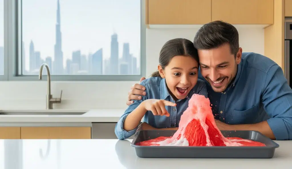 A father and daughter in Dubai laughing with excitement as they watch their homemade volcano erupt on the kitchen counter, illustrating a fun science experiment at home.