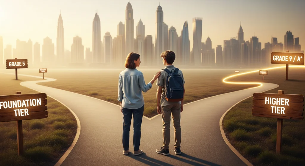 A parent and student stand at a crossroads in Dubai, facing signs pointing to 'Foundation Tier' leading to 'Grade 5' and 'Higher Tier' leading to 'Grade 9/A*', symbolizing the choice in GCSE/IGCSE Math tiers.