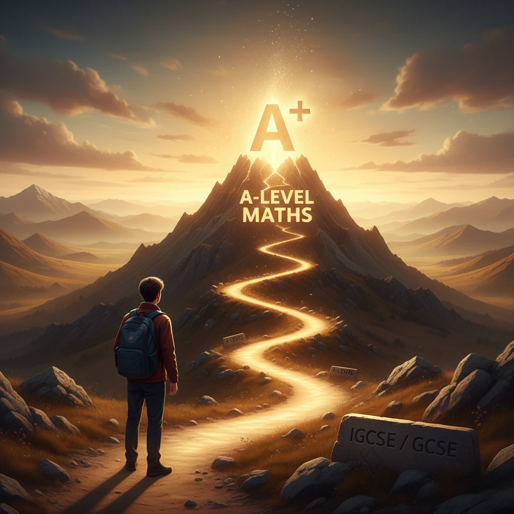 A conceptual image showing a student facing a challenging mountain path, representing the difficult journey from IGCSE/GCSE to the summit of A-Level Maths, which is marked with a glowing A+ grade.