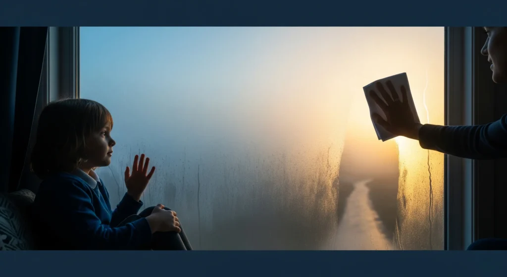 An emotional, cinematic image of a parent's hand wiping fog from a window, revealing a bright, hopeful sunrise to a young child who is looking on with wonder, symbolizing a parent's guidance."
