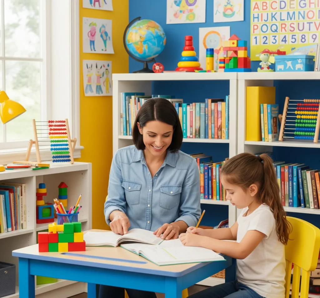 A friendly female primary school tutor in Dubai provides one-on-one help to a young girl at her desk, which is surrounded by books and educational toys.