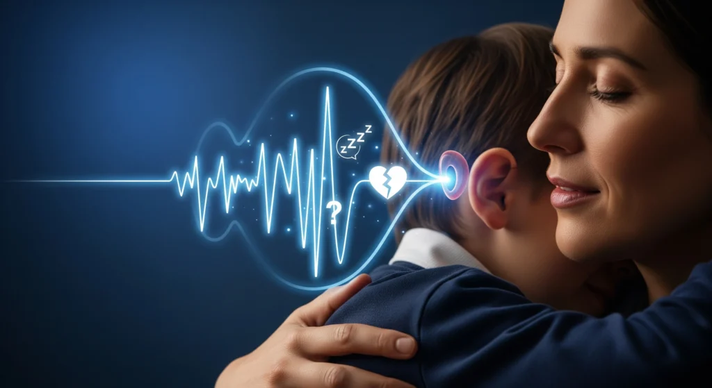 An emotional, artistic image of a parent hugging their child, with a glowing soundwave traveling from the child's heart to the parent's ear, symbolizing a deep understanding of their unspoken needs.