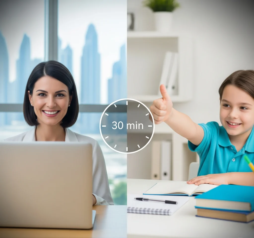 "A graphic showing the fast hiring of a specialist primary-level tutor in Dubai, with a professional female tutor on-screen and a happy student giving a thumbs-up, all within 30 minutes."