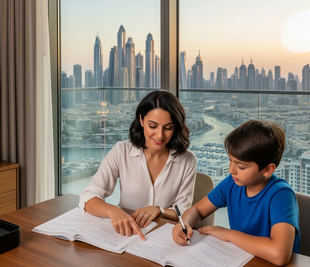 "A professional female home tutor provides a personalized lesson to a student in a bright room, with a background view of the Dubai skyline, representing GetYourTutors' city-wide service."