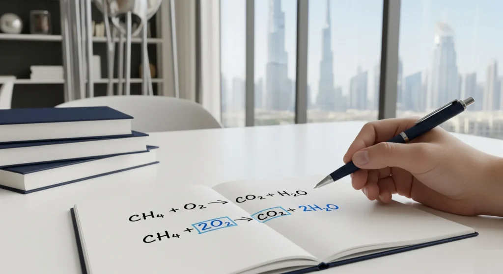 A notebook showing the before and after of balancing a chemical equation, with the final correct coefficients highlighted in blue to help chemistry students in Dubai.